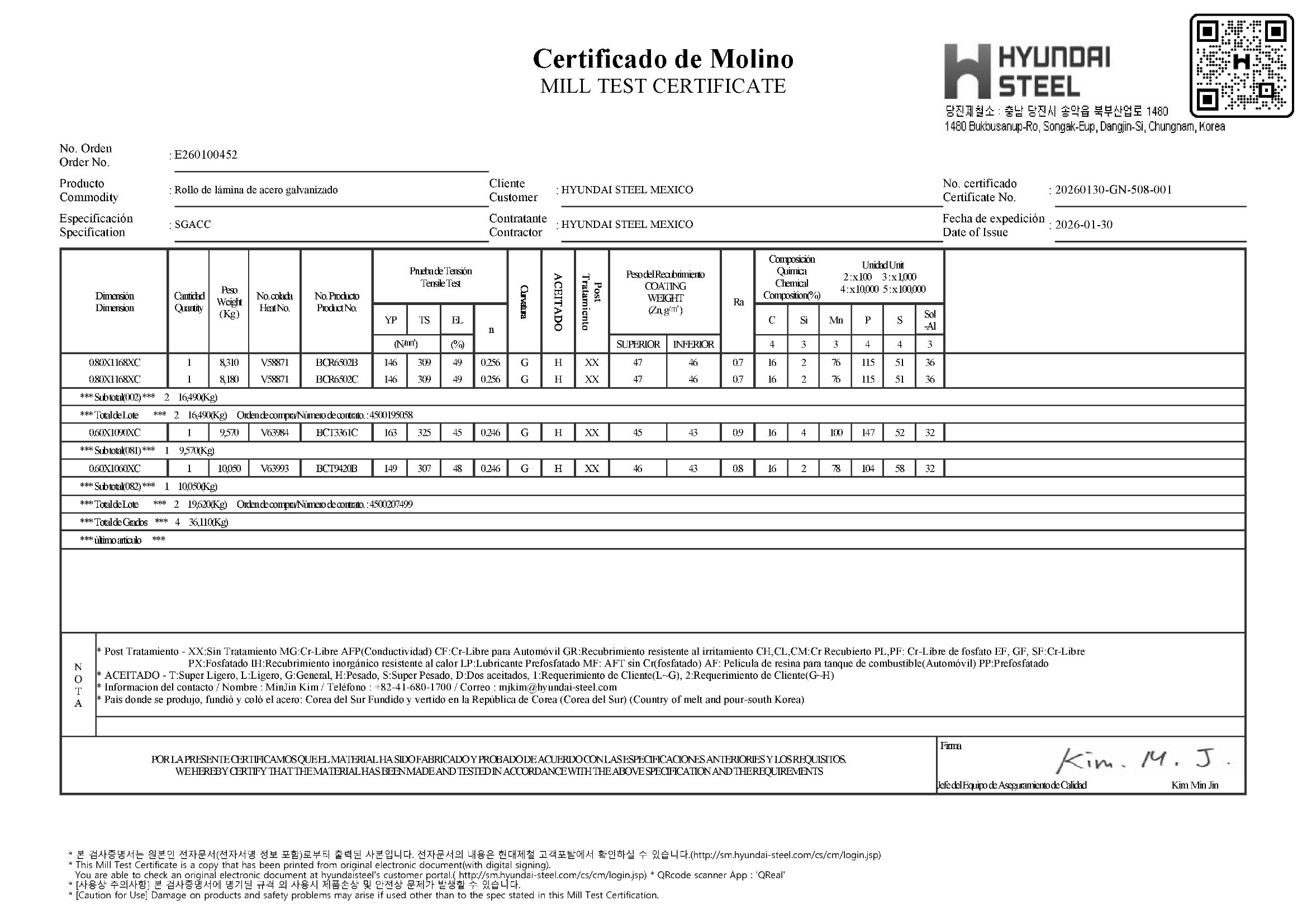 Certificado de molino escaneado — PDF original
